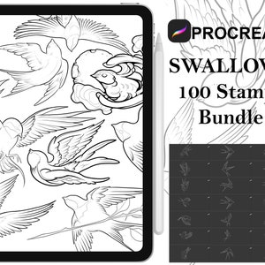 Pode incluir: Uma ilustração digital de 100 carimbos Procreate com vários designs de andorinhas. A imagem mostra uma coleção de andorinhas em diferentes poses e ângulos, com um esquema de cores preto e branco. O texto "Procreate" e "Swallows 100 Stamps Bundle" é visível na imagem.
