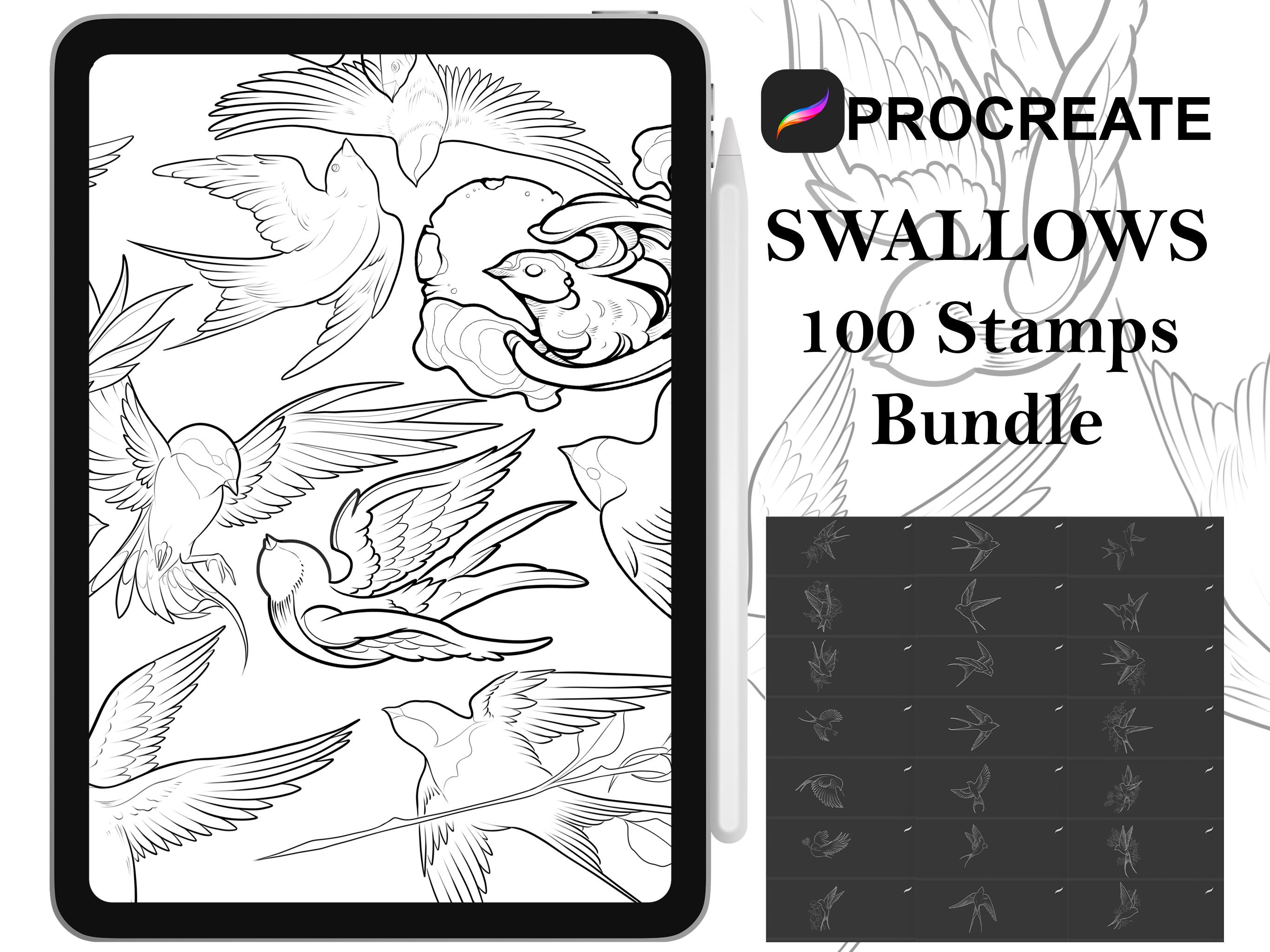 Procreate 100 Sellos de Golondrinas y Aves – Set de pinceles de línea fina dibujados a mano, uso comercial