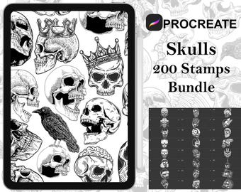Procreate - 200 Skulls Tattoo Stamps, Hand drawn and digitized Images & Design Fineline Stamps - Commercial Use, Procreate Brushes