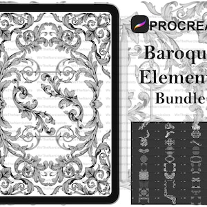 May include: A digital illustration of a set of Procreate brushes featuring Baroque style elements. The image shows a variety of ornate designs, including scrolls, flourishes, and frames. The text "Baroque Elements Bundle" is displayed on the image.