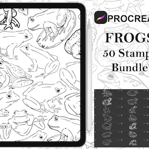 May include: A black and white digital illustration of 50 frog stamps for Procreate. The image shows a variety of frog poses and designs. The text "FROGS 50 Stamps Bundle" is displayed on the image.