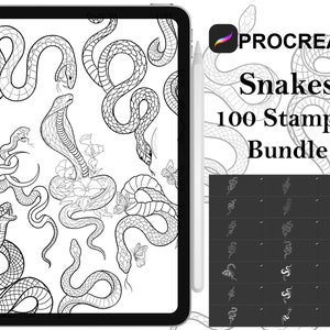 Op de afbeelding: Een digitale illustratie van 100 stempels met slangen voor Procreate. De afbeelding toont een verscheidenheid aan slangendesigns, waaronder kobras, adders en pythons. De stempels zijn perfect om een vleugje whimsy toe te voegen aan je digitale kunst.
