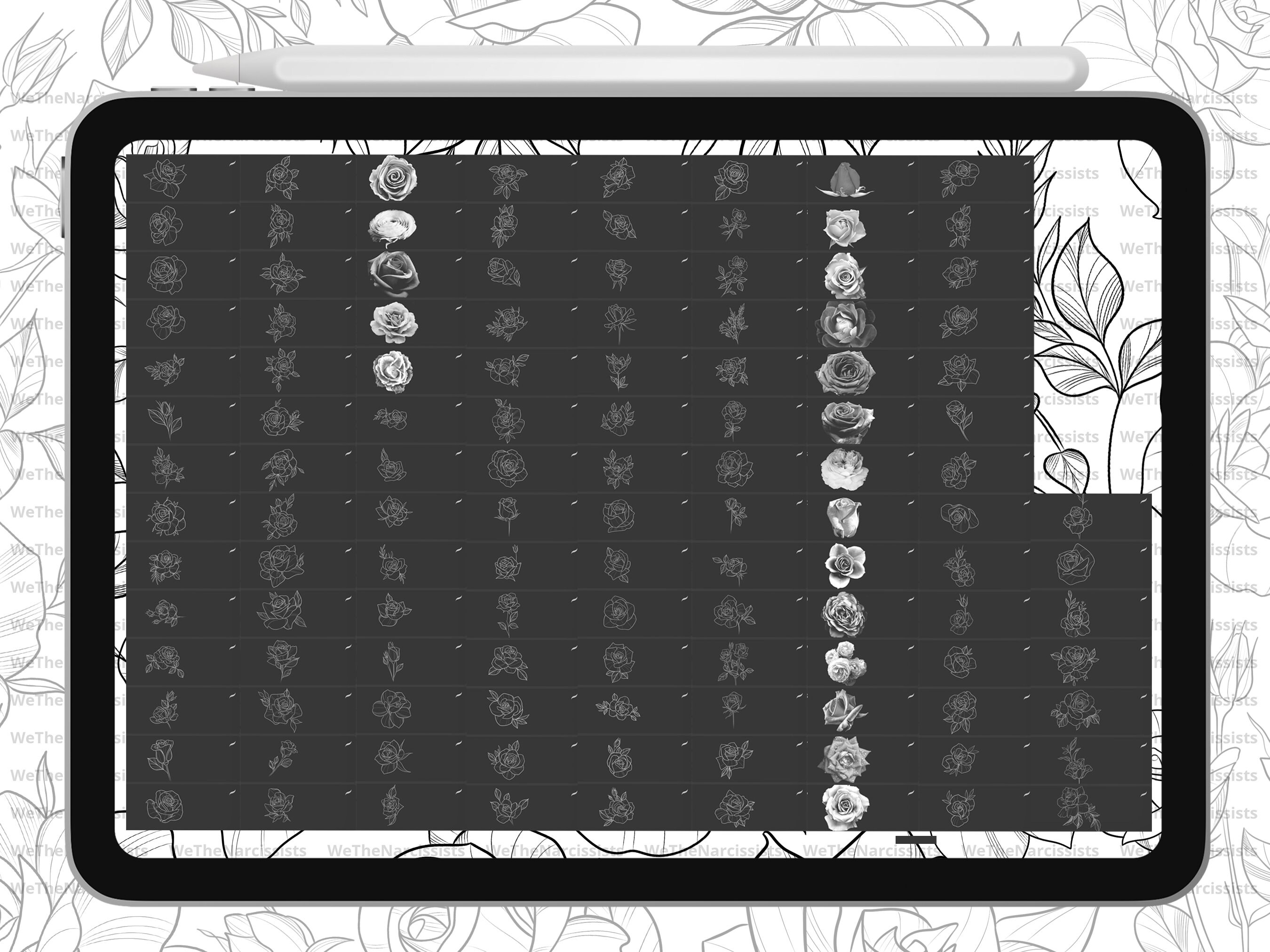 Procreate - 100 Roses Tattoo Stamps, Hand Drawn and Digitized Images ...