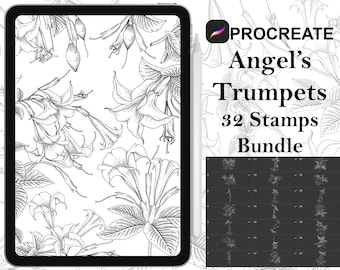 Procreate - 32 sellos de trazo fino para tatuajes de trompetas de ángel, sellos de trazo fino para tatuajes y diseños dibujados a mano - Uso comercial, pinceles Procreate
