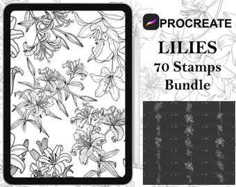 Procreate - 70 Lilies Stamps Tattoo, Hand drawn and digitized Images & Design Fineline Stamps - Commercial Use, Procreate Brushes