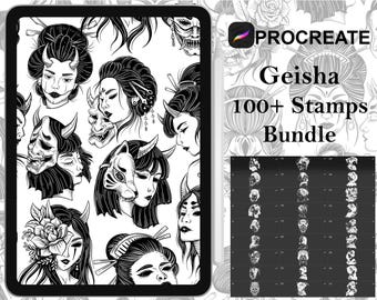 May include: A digital illustration of a Procreate stamp bundle featuring over 100 black and white stamps of geisha and Japanese masks. The text "Geisha 100+ Stamps Bundle" is displayed on the image.