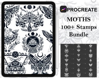 Procreate - Plus de 100 tampons Papillons de nuit, images dessinées à la main et images numérisées pour la coloration et la conception Tampons Fineline - Usage commercial, pinceaux Procreate