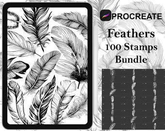 Procreate - 100 tampons de tatouage plumes, vol. 1, Images dessinées et numérisées à la main et tampons Design Fineline - Usage commercial, pinceaux Procreate