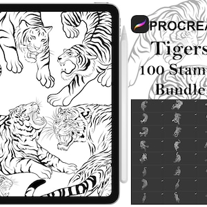 Puede incluir: Una ilustración digital de 100 sellos de tigre blanco y negro para Procreate. La imagen muestra una variedad de poses y diseños de tigres, incluyendo un tigre rugiendo, un tigre caminando y un tigre acostado. Los sellos son perfectos para agregar un toque de vida silvestre a tu arte digital.