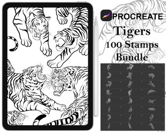 Procreate - 100 Tigers Stamps, Hand drawn and digitized Images & Design Fineline Stamps - Commercial Use, Procreate Brushes
