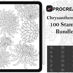 Procreate - 100 Chrysanthemum Tattoo Stamps, Hand drawn and digitized Images & Design Fineline Stamps - Commercial Use, Procreate Brushes