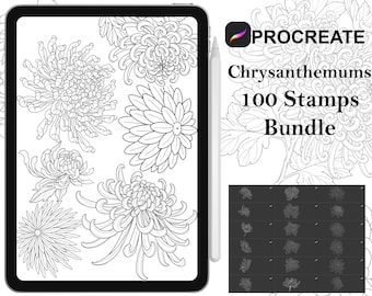 Procreate - 100 Chrysanthemum Tattoo Stamps, Hand drawn and digitized Images & Design Fineline Stamps - Commercial Use, Procreate Brushes