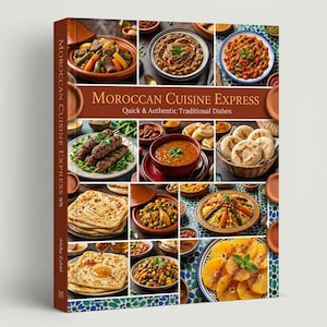Può includere: Un libro di cucina intitolato Moroccan Cuisine Express: Quick & Authentic Traditional Dishes di Aisha Zahid. La copertina presenta un collage di vari piatti marocchini, tra cui tajine, spiedini, pane piatto, couscous e arance a fette.