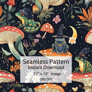 Frogs And Mushroom Floral Night Garden Seamless Pattern, Digital Paper, Magical Witchy Junk Journal Scrapbooking, Dark Spring Garden