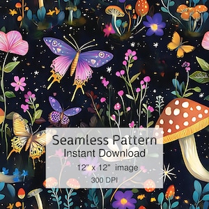 Whimsical Night Garden Seamless Pattern Floral Butterfly Design, Dark Botanical Digital Paper, Magical Witchy Junk Journal Scrapbooking
