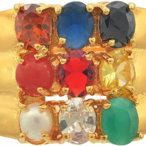 Natural Certified Navratna Astrological 9 Nine Gemstone Ring In Panchdhatu Gold Filled Handmade Ring For Unisex