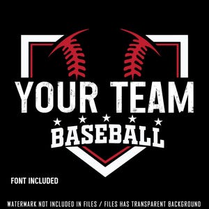以下が含まれることがあります： 白い野球のダイヤモンドに赤い野球ボールが置かれています。 "YOUR TEAM BASEBALL"というテキストが、かすれたような白い文字で書かれています。