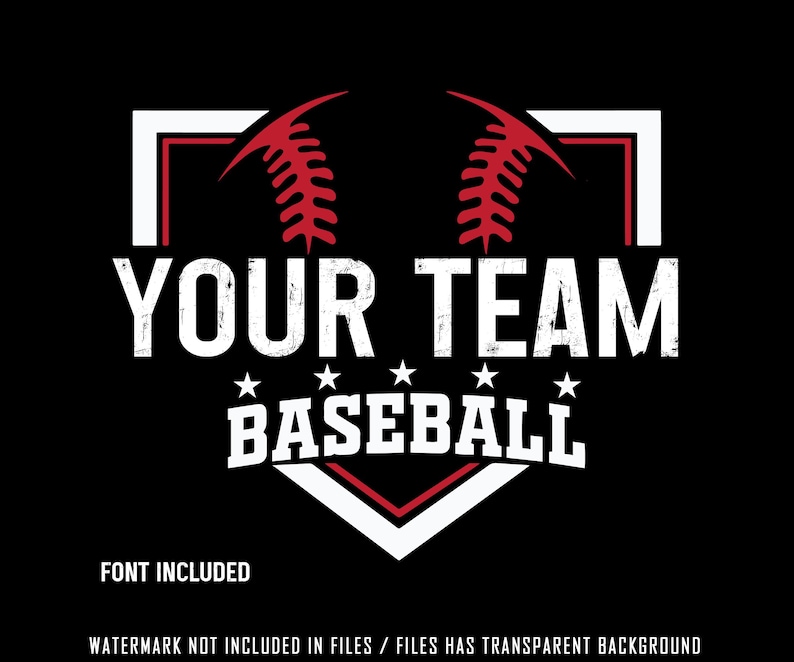 以下が含まれることがあります： 白い野球のダイヤモンドに赤い野球ボールが置かれています。 "YOUR TEAM BASEBALL"というテキストが、かすれたような白い文字で書かれています。