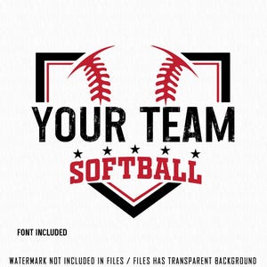 May include: Black and red softball team logo with a baseball diamond and the text "YOUR TEAM SOFTBALL" with three stars on either side of the word "SOFTBALL".