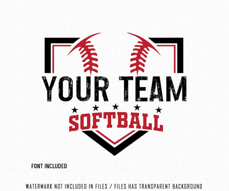 May include: Black and red softball team logo with a baseball diamond and the text "YOUR TEAM SOFTBALL" with three stars on either side of the word "SOFTBALL".