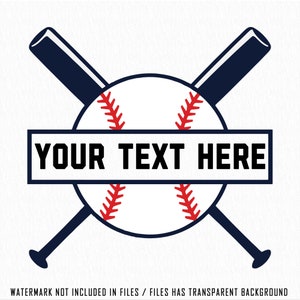 May include: A baseball with red stitching and two crossed blue baseball bats. The text "YOUR TEXT HERE" is displayed in a white banner below the baseball.