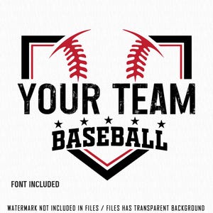 以下が含まれることがあります： 黒と赤の野球チームのロゴで、「YOUR TEAM BASEBALL」というテキストがかすれたフォントで書かれています。