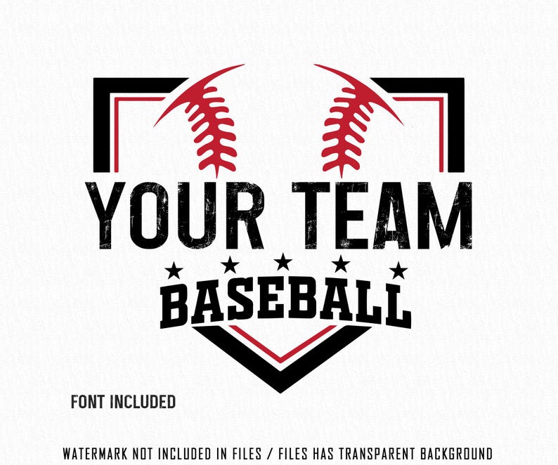 以下が含まれることがあります： 黒と赤の野球チームのロゴで、「YOUR TEAM BASEBALL」というテキストがかすれたフォントで書かれています。