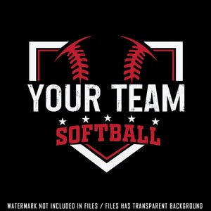 May include: A red and white softball graphic with the text "YOUR TEAM SOFTBALL" in white with a distressed look. The graphic is set inside a white baseball diamond.