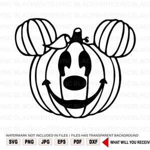 May include: Black and white line art illustration of a pumpkin with Mickey Mouse ears. The pumpkin has a smiling face with large eyes and a wide mouth.