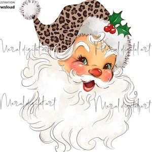 May include: A digital illustration of Santa Claus with a white beard and rosy cheeks. He wears a leopard print hat trimmed with white fur and holly with red berries. The text "HIGH-RESS ILLUSTRATION DIGITAL DOWNLOAD" is at the top.