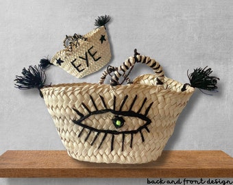 Custom Name Basket | Custom Name Bag | Straw Hand Basket | EYE  Design | Custom Image Straw Bag | Home Decoration | Beach Basket | GIFTS