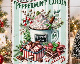 May include: A rectangular metal sign with a distressed border featuring a light blue striped background. It displays a mug of peppermint cocoa with whipped cream, a candy cane, chocolates in a striped basket, and the text COOL & FRESH PEPPERMINT COCOA WARM & DELICIOUS.