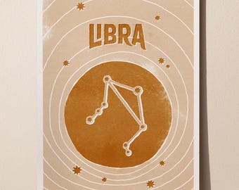 Plakat artystyczny z astrologią znaku zodiaku Wagi – stare złoto – 12"x16"
