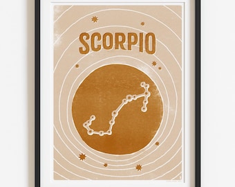 Scorpio Zodiac Astrology Poster Art Print - Old Gold - 12"x16"