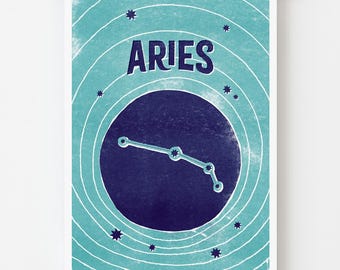 Póster con la constelación del zodíaco Aries - Índigo Océano - 12"x16"