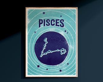 Póster astrológico de Piscis - Impresión artística - Índigo océano - 30 x 40 cm