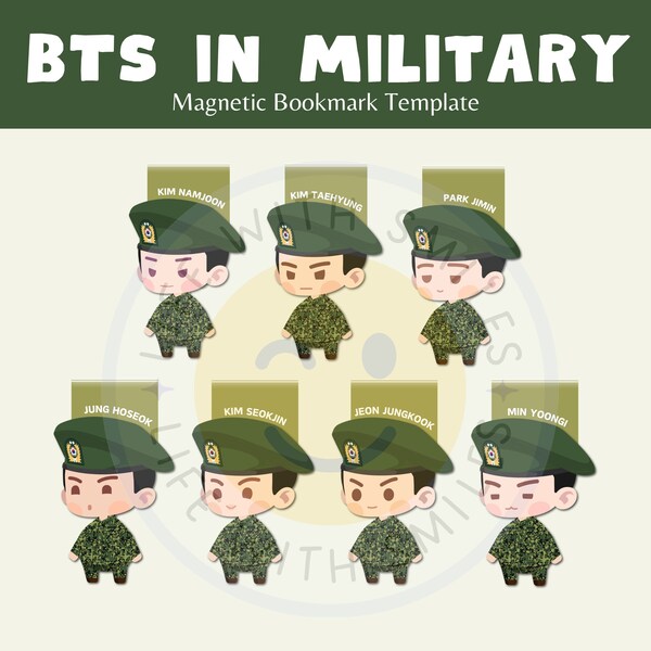 BTS in Military Magnetic Bookmark Template | Bookmark Set | Bangtan Boys | Jungkook | Jin | Suga | Jimin | RM | Jhope | V | Army