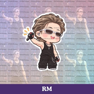 May include: A cartoon sticker of a person with brown hair wearing white sunglasses, a black tank top, and black pants. The figure holds a black microphone labeled RM in one hand, wears a silver cross necklace, and has a chain attached to the pants.
