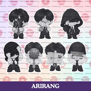 May include: A set of seven grayscale chibi-style character stickers featuring figures in white shirts and dark ties. The characters are depicted in various poses, including wearing a hoodie, a baseball cap, holding a basketball, and reading a newspaper.