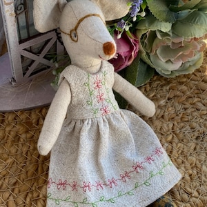 Linen dress with embroidery for mouse 15 cm ( 6 in)