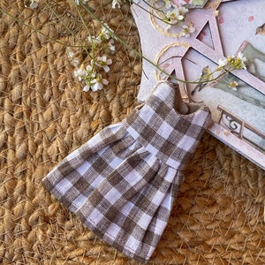 Beige checkered linen  dress for mouse  15 cm (6,2in)