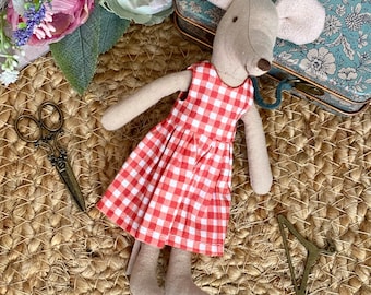 Handmade Red Checked Cotton Dress for Mouse