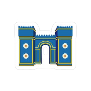 May include: A sticker featuring a stylized illustration of a blue gate with yellow and white accents. The gate has two towers with crenellations and two white flower-like designs on each tower. The design is on a white background.