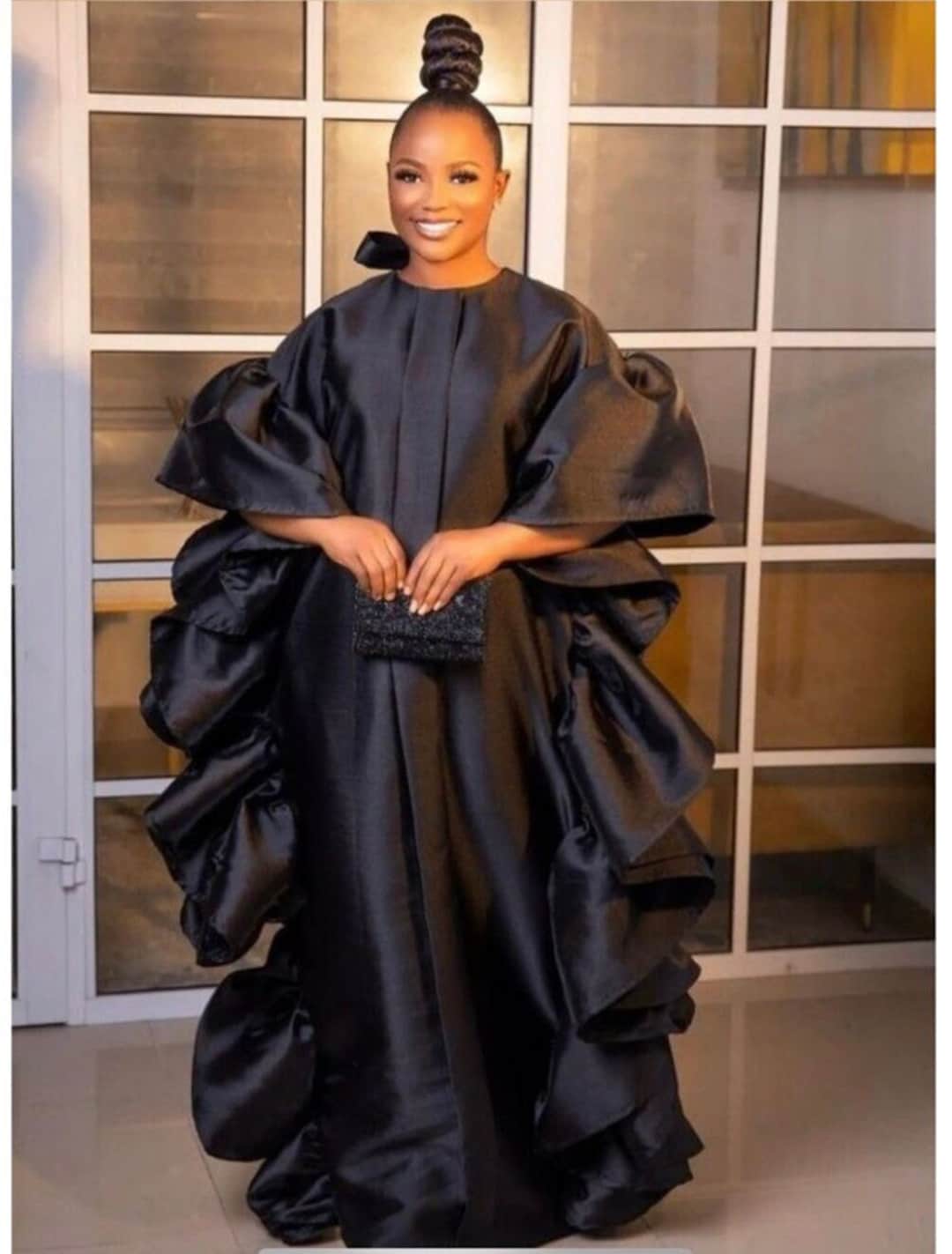 Black Silk Kaftan, Rich Aunty Lustrous Mikado Dress, Wedding