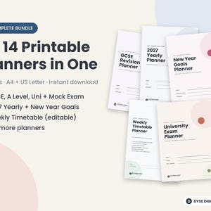 May include: A digital bundle of 14 printable planners including GCSE Revision, 2027 Yearly, New Year Goals, Weekly Timetable, and University Exam planners. The text reads All 14 Printable Planners in One, 28 PDFs, A4 + US Letter.