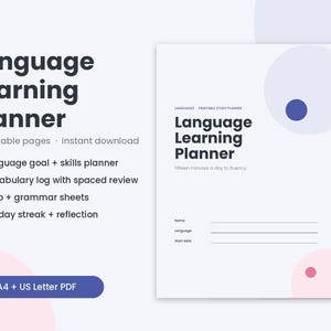 Puede incluir: Un planificador de aprendizaje de idiomas imprimible de 13 páginas, con una portada titulada Language Learning Planner con campos para nombre, idioma y fecha de inicio. Incluye secciones para objetivos, vocabulario, verbos y un rastreador de 30 días.