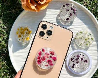 Real Baby's Breath Phone Grip,White Flower Magenetic Kindle Grip,Cute Phone Accessories,Kindle Support,Gift for Mom,Black Purple Phone Grip,