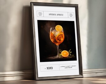 Impresión artística con la receta del cóctel Aperol Spritz: Decoración para carrito de bar (descarga digital)