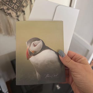 May include: A greeting card featuring a detailed illustration of a puffin with a red beak, white face, and black and white body. The card is held with a white envelope.
