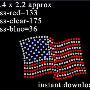 Könnte beinhalten: Ein digitales Design für eine US-Flagge aus Strasssteinen. Das Design ist 8,6 cm x 5,6 cm groß und verwendet 133 rote, 175 klare und 36 blaue Strasssteine.